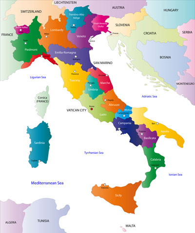 Italy regions and capital cities map